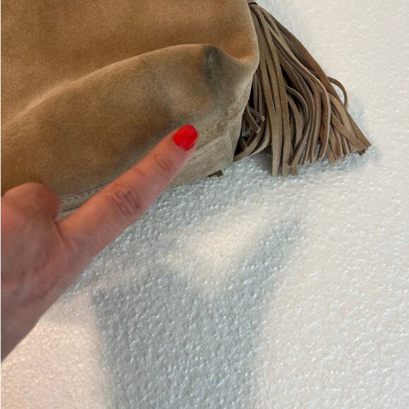 Michael Kors "Elyse" Soft Suede Large Shoulder Bag in Color Dune with Tassels - Picture 13 of 15